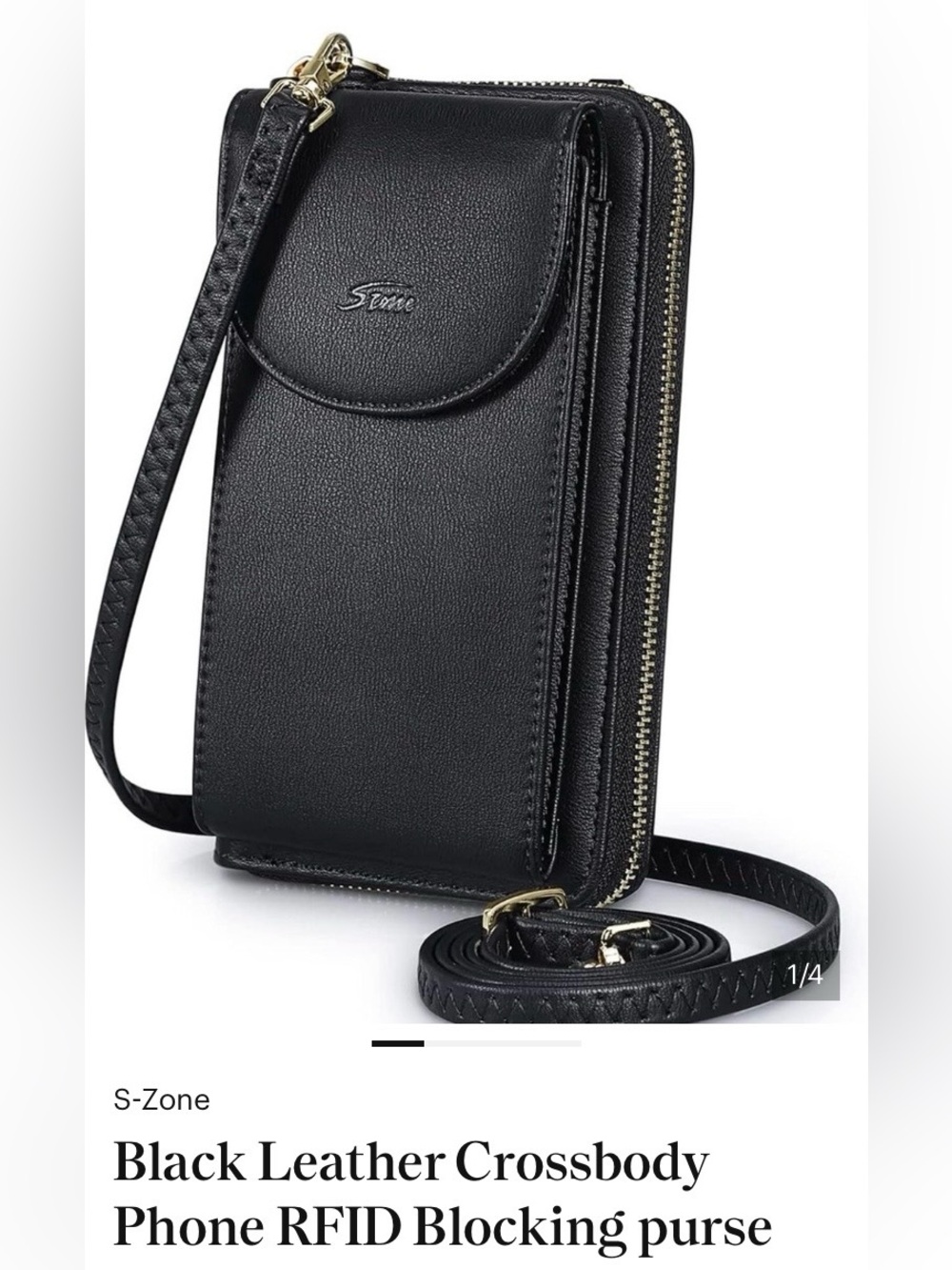 S-zone Black Leather Crossbody Phone RFID Blocking Purse